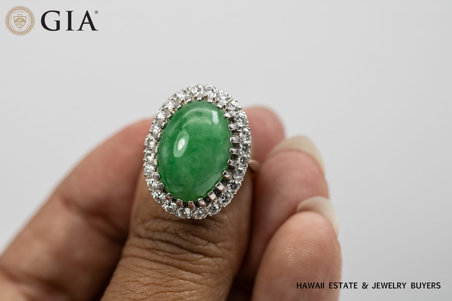 GIA 6.9g 14KWG TRANSLUCENT GREEN JADE CABOCHON AND DIAMOND RING SIZE 5.5 - Image 6