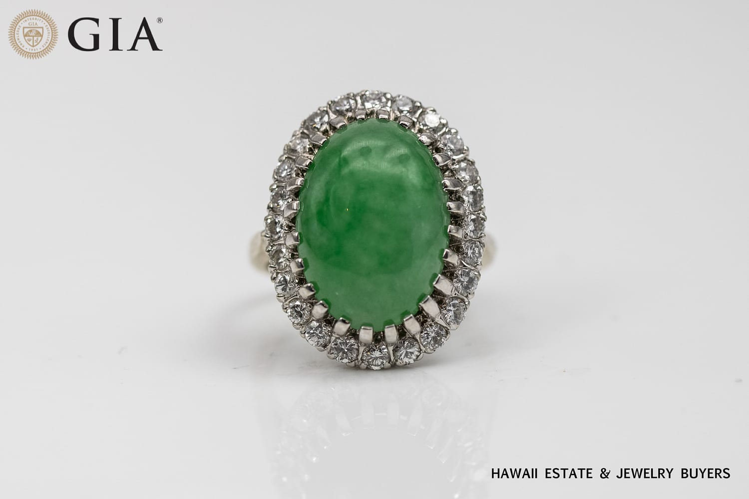 GIA 6.9g 14KWG TRANSLUCENT GREEN JADE CABOCHON AND DIAMOND RING SIZE 5.5 - Image 3