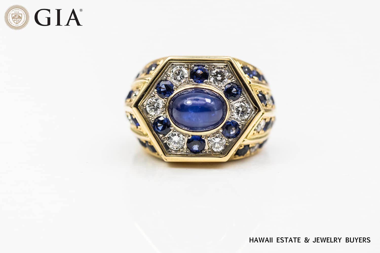 GIA 24.5g 18KYG/PLATINUM SAPPHIRE AND DIAMOND RING SIZE 7