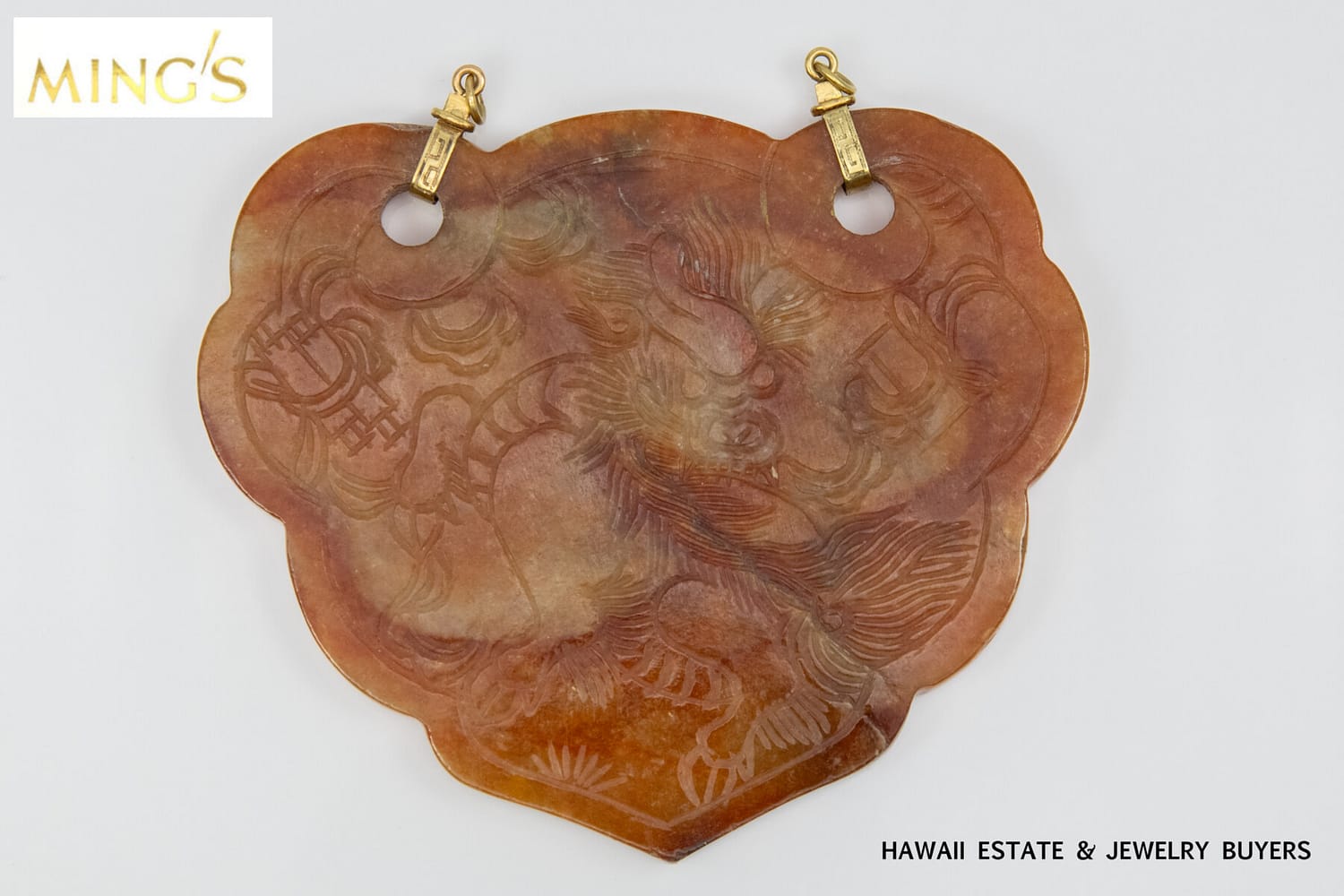 MING'S 14KYG 94.5g RED JADE DRAGON & PHOENIX CARVED MEDALLION - Image 2