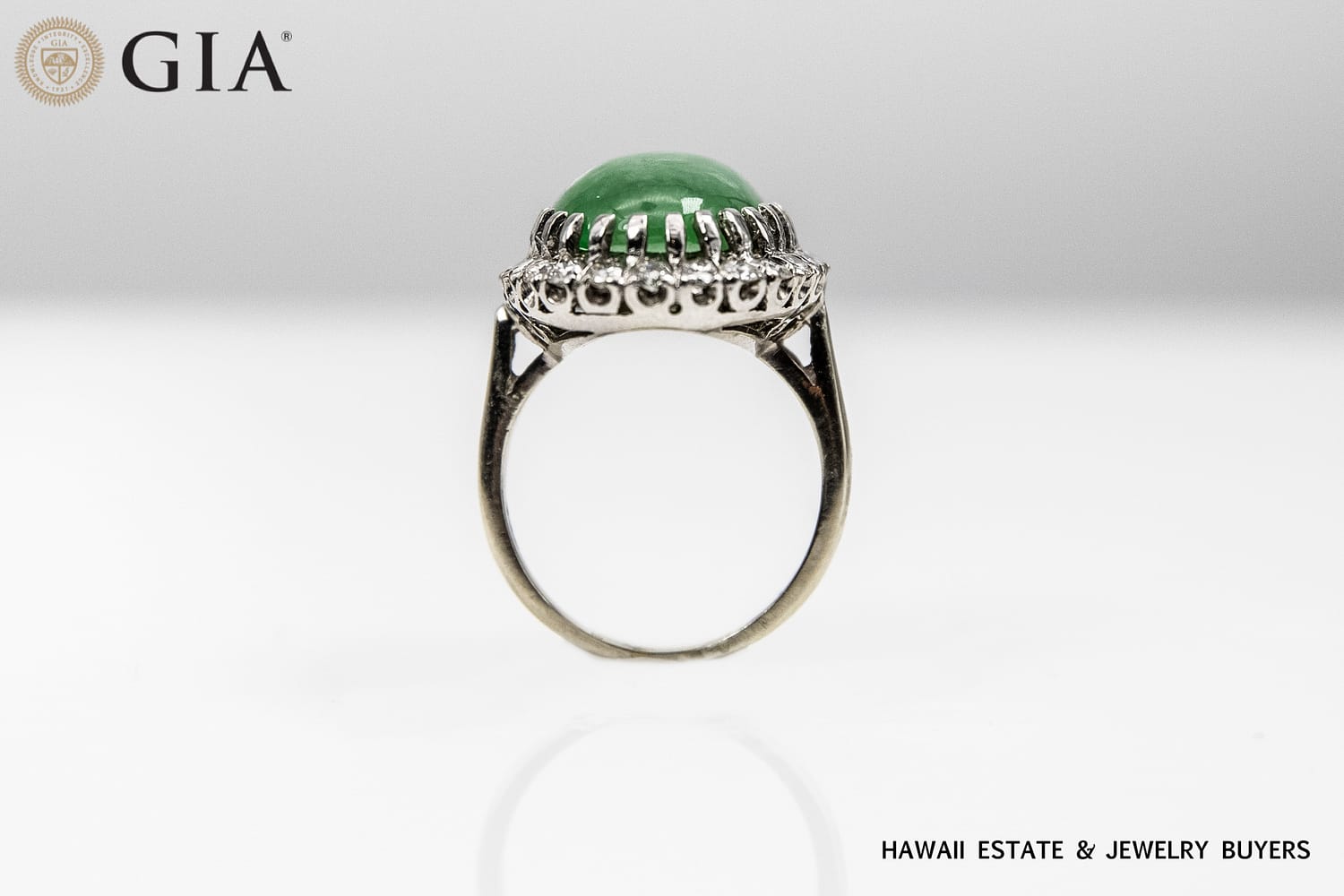 GIA 6.9g 14KWG TRANSLUCENT GREEN JADE CABOCHON AND DIAMOND RING SIZE 5.5 - Image 2