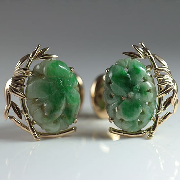 VINTAGE 20.6g 14KYG CARVED MOTTLED GREEN JADE BROOCH - Hawaii