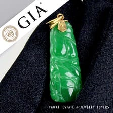 GIA Type A Carved Green Jade Pendant 20k Yellow Gold Measures 34x13mm