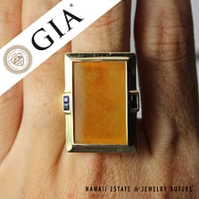 GIA Honey Jade 22*14mm with 0.20ctw Sapphire 14k Yellow Gold Ring Size 6.25