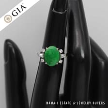 GIA 4.2g 14KWG 13x10MM OVAL GREEN CABOCHON JADE 0.50ctw DIAMOND RING SIZE 5