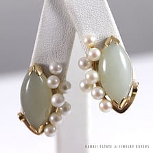 Vintage Pale Jade & Pearl Cluster 14K Yellow Gold French Clip Earrings