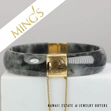 Ming's 35.8g 14KYG 9mm Mottled Black Jade Hinged Bangle Bracelet Size 7