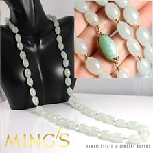 MING'S HAWAII VINTAGE JADE OVAL BEAD 14K YELLOW GOLD NECKLACE 29.5"