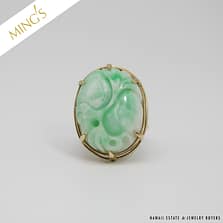 MING'S 14.5g 14KYG WHITE & GREEN JADE CARVED GOURD RING SIZE 8