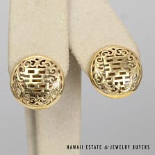 Ming's Hawaii 18mm Round Chinese Character 14K Yellow Gold Earrings w/ Omega Clips