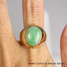 Mottled Green Jade 16x12mm Oval Cabochon 14K Yellow Gold Ring Size 9.75