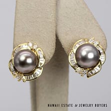 2ctw Diamond & 11mm Tahitian Pearl Pierced 18K Yellow Gold Earrings with Omega Clips
