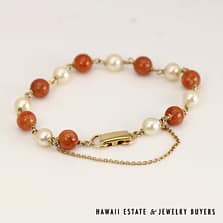 13g 14KYG Red Jade and Pearl Bracelet Size 7