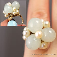 VINTAGE PALE GREEN JADE & CULTURED PEARL 14K YELLOW GOLD RING SIZE 5