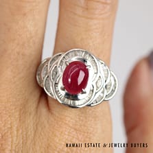 GIA Natural 3.74ct Ruby Cabochon 0.90ctw Baguette Diamond Ring Platinum Size 6.5