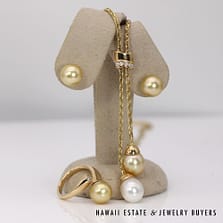 Na Hohu 14K Yellow Gold Champaign Pearl Necklace, Ring, & Earrings #PC050621-03