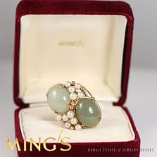 MING'S HAWAII SIGNED TWIN JADE & PEARL 14K YELLOW GOLD RING SIZE 4.25 W/ BOX