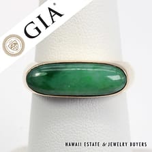 GIA Type A Mottled Green Jade Saddle 14K Yellow Gold Ring Size 7.25