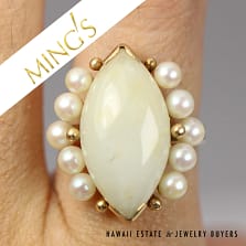 Ming's Hawaii Marquise White Jade & Pearl 14K Yellow Gold Ring Size 5.75