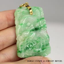 GIA 14K Yellow Gold and Moss in Snow Carved Jade Dragon Pendant #041023-03