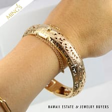 MING'S PHOENIX GREEK KEY 14mm 30g 14K YELLOW GOLD HINGED BANGLE BRACELET SIZE 7