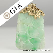 GIA Natural Jadeite Jade Pale Green Carved Gourd Leaves Yellow Gold Pendant