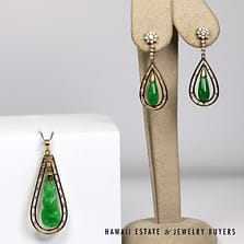 1.43ctw Diamond & Green Jade 18/14K Yellow Gold Earrings and Pendant Set