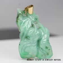 71.2g 14KYG Mottled Green Jade Pendant Measures 70 x 44mm
