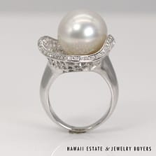 14K White Gold South Sea Pearl and Diamond Freeform Ring SIZE 7.5 #2408-01