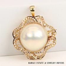 21mm MABE PEARL 1ctw SI/GH DIAMOND 19.6g 14K YELLOW GOLD PENDANT BROOCH