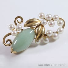 Ming's Hawaii Natural Green Jade & Cultured Pearl Floral Branch 14K Yellow Gold Brooch