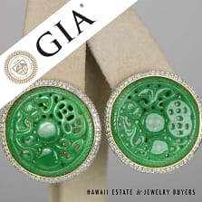 GIA Jadeite Jade Green Carved Diamond 18k Yellow Gold French Back Earrings