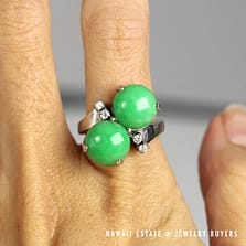 10mm Round Green Jade Cabs & 0.12ctw Diamond 14K White Gold Ring Size 5.75