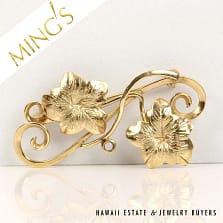 MING'S TWIN FLOWER 4g 14K YELLOW GOLD BROOCH MEASURES 44x29mm