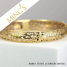 Ming's Hawaii Bird in Plum 11mm 14K Yellow Gold Hinged Bangle Bracelet Size 7.25