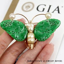 GIA Natural A Jadeite Jade Green Baroque Pearl Yellow Gold Butterfly Brooch Pin