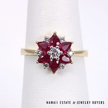 Ruby & Diamond Star Flower 18K Yellow Gold Dainty Ring Size 7