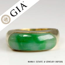 GIA Type A Mottled Green Jade Saddle Ring 14k Yellow Gold 22x8mm Size 13