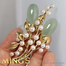 MING'S HAWAII XL PALE GREEN TRANSLUCENT JADE CULTURED PEARL 14KYG LEAF BROOCH