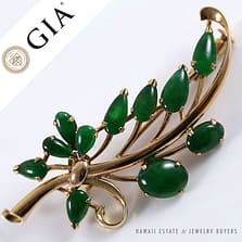 GIA CERTIFIED NATURAL GREEN GRADE A JADE JADEITE CABOCHON 14K YELLOW GOLD BROOCH