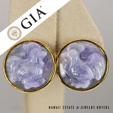 GIA Natural Jadeite Jade Lavender Carved Rooster 18k Yellow Gold Circle Earrings