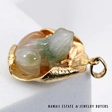 Green White and Honey Jade Frog And Lily Pad 14K Yellow Gold Pendant