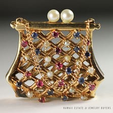 NATURAL PINK & BLUE SAPPHIRE RUBY PEARL 14K YELLOW GOLD MINIATURE PURSE PENDANT