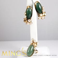 MING'S HAWAII RARE DESIGN TEAR DROP JADE 14K GOLD LARGE CLIP EARRINGS & RING SET