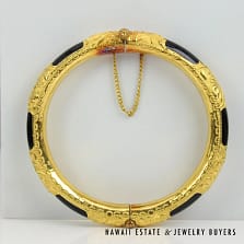 Antique 24K Gold and Black Bakelite Chinese Hinged Bangle Size 7