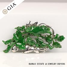 GIA NATURAL GREEN JADE BROOCH 15.3g 14K WHITE GOLD 30x12mm