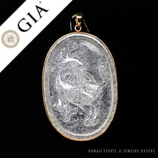 GIA CERTIFIED TSL ICE JADE CARVED DEER CHINESE CHARACTER 14K YELLOW GOLD PENDANT