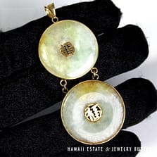 Pale Green Jade Double Donut 14K Yellow Gold Pendant with Chinese Characters