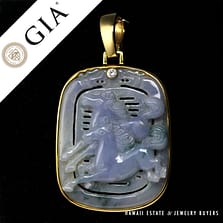 GIA CERTIFIED TSL MOTTLED JADE "YEAR OF HORSE" DIAMOND 14K YELLOW GOLD PENDANT