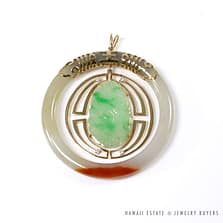 VINTAGE MOTTLED NATURAL A JADE AND DIAMOND 14K YELLOW GOLD CHINESE PENDANT